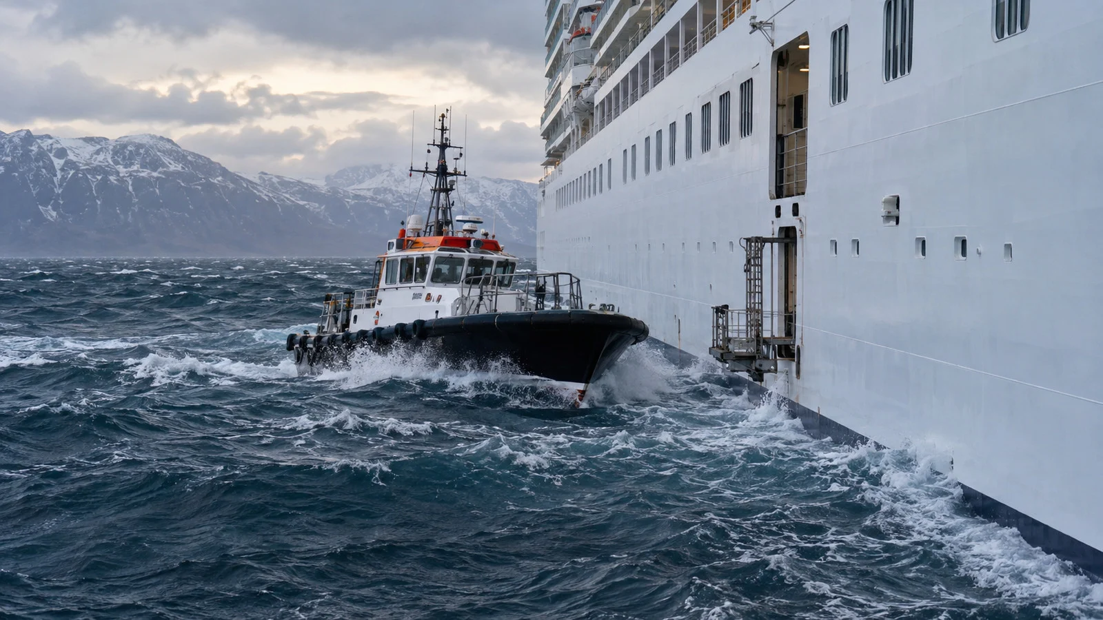 Pilot boat alongside a cruise ship in choppy water