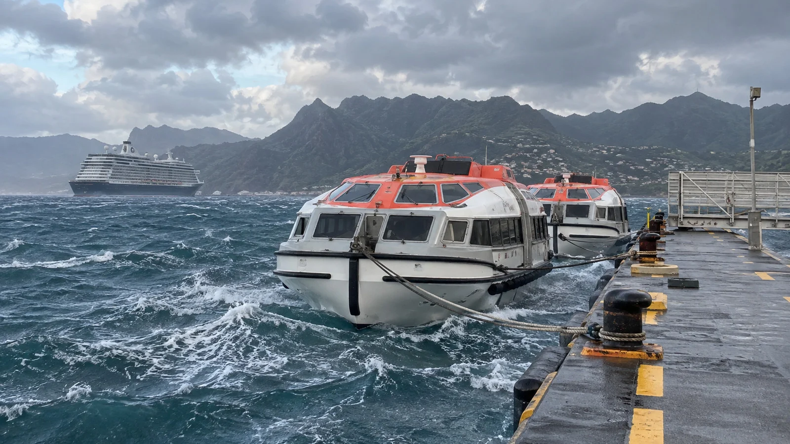 Tender boats secured at a pier in high wind