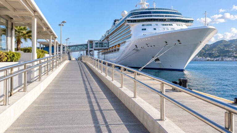 Wide gentle ramp with handrails beside a docked cruise ship