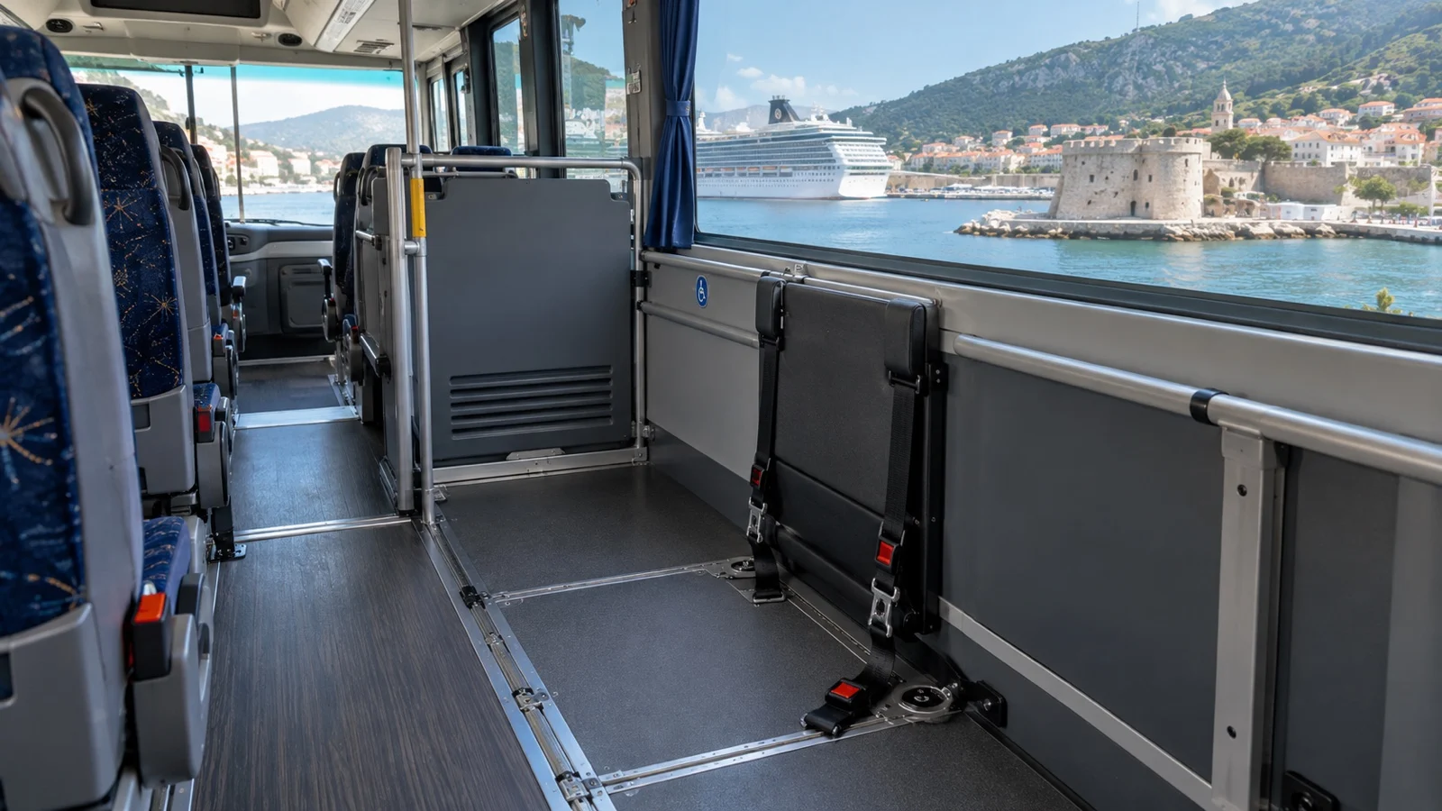 Empty wheelchair seating bay inside a tour bus with restraints visible