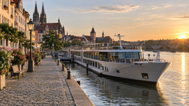 a river cruise ship moored directly beside an old European city center with walkable cobblestone quay