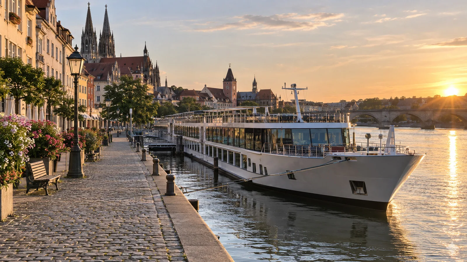 a river cruise ship moored directly beside an old European city center with walkable cobblestone quay