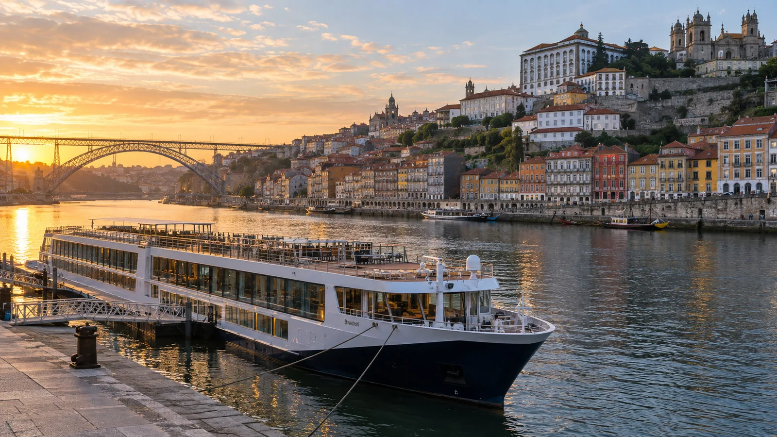 Porto and Vila Nova de Gaia riverbanks with a river cruise ship moored below the city hills
