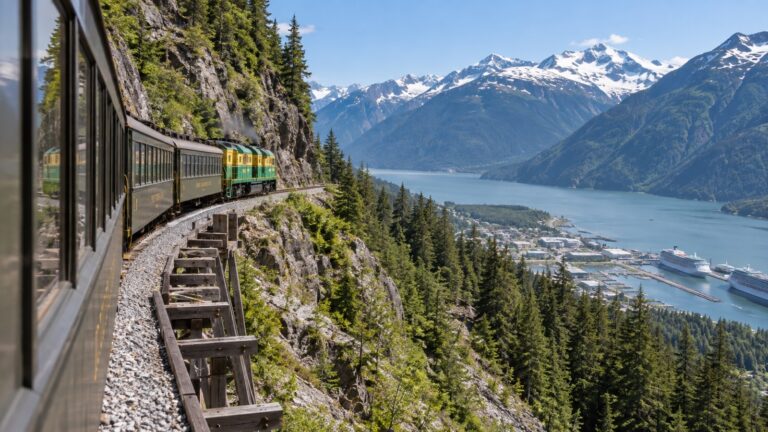 White Pass scenic train climbing above Skagway and its fjord cruise port.