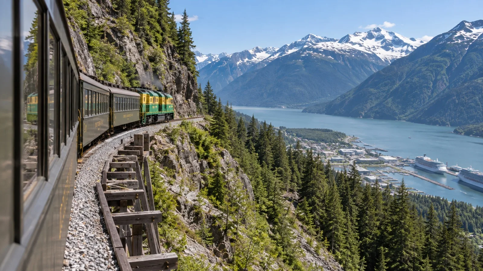 White Pass scenic train climbing above Skagway and its fjord cruise port.
