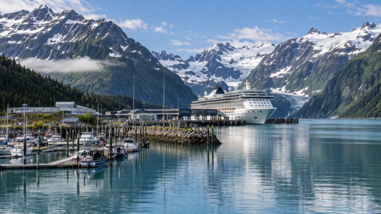 Cruise ship at Whittier harbor beneath steep Alaska mountains