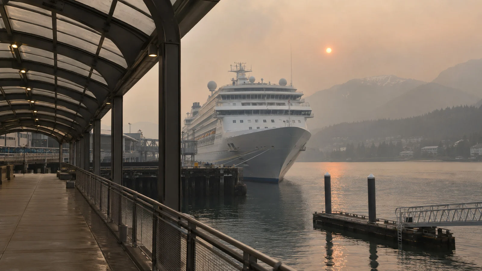 Covered port walkway and cruise ship in smoke-dimmed light