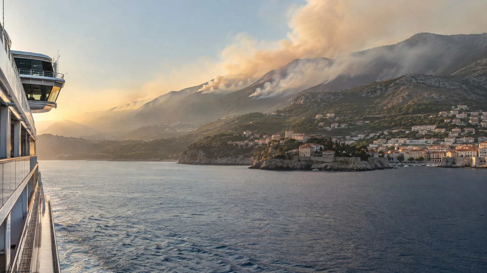 Mediterranean cruise ship approaching a smoky coastal hillside
