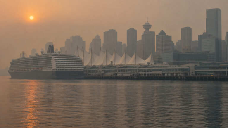 Vancouver cruise terminal skyline veiled in wildfire smoke