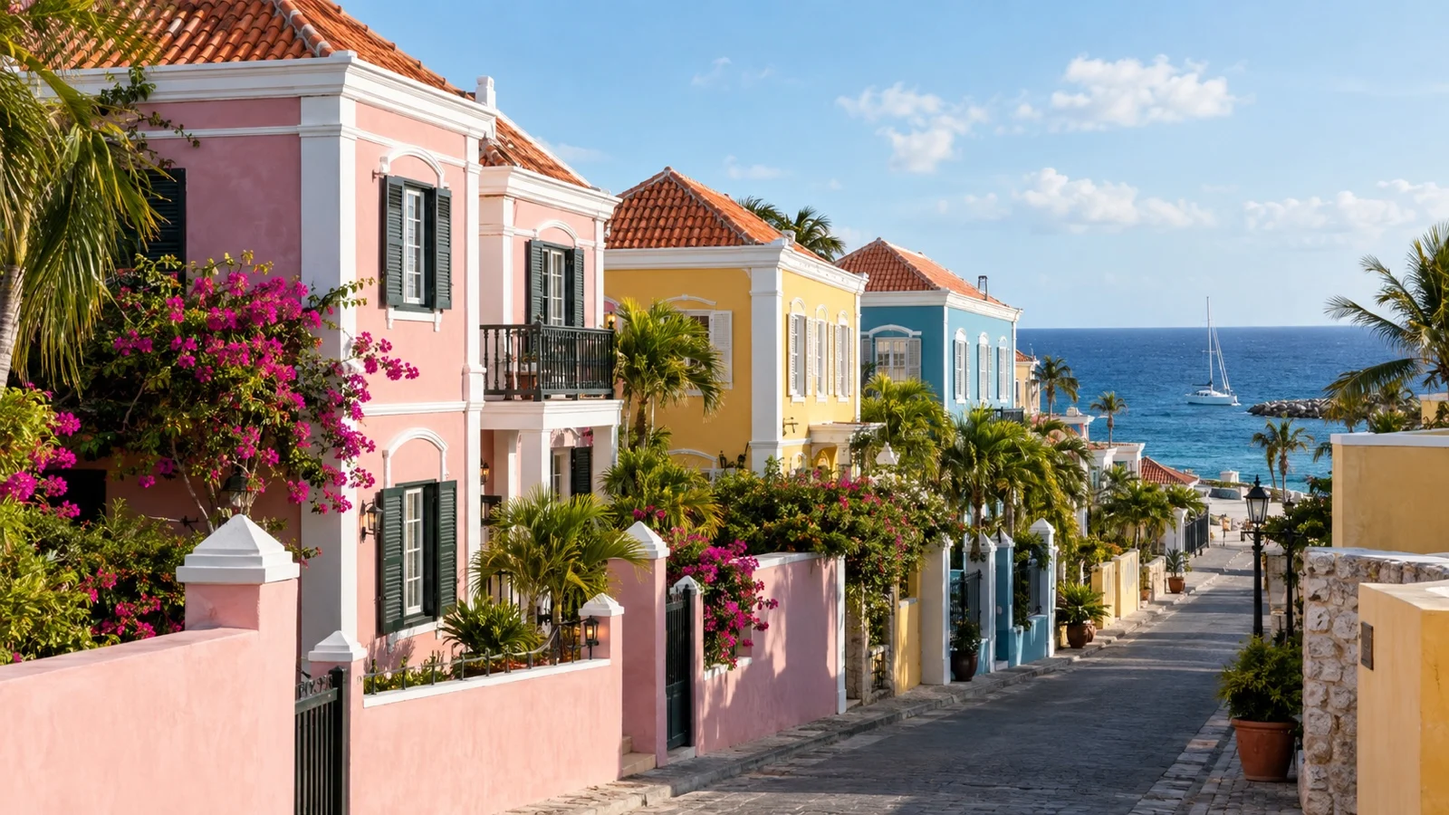 Pietermaai district of Willemstad with restored pastel colonial houses, boutique hotel facades and a view toward the sea