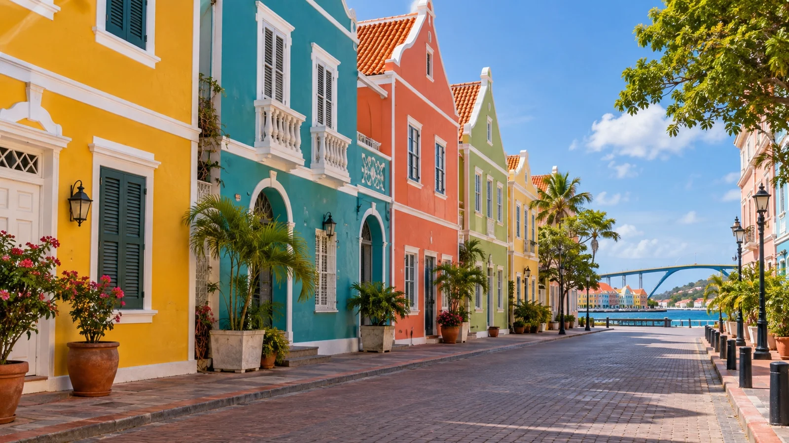 Punda district street with vividly painted Dutch colonial buildings and small hotels, quiet empty pavement