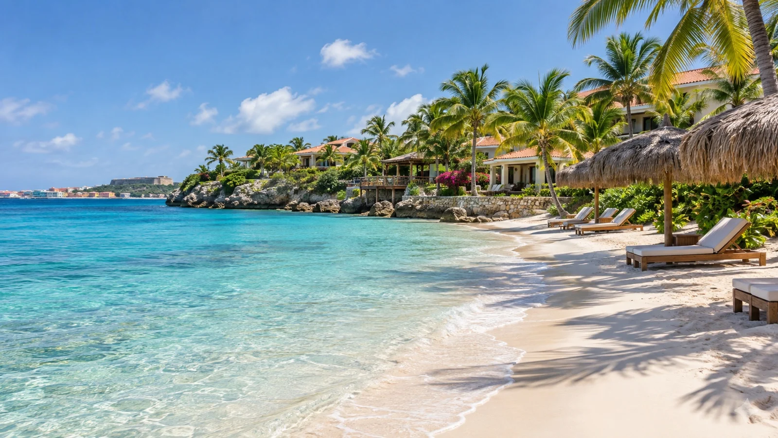 Quiet upscale Curaçao beach resort with pale sand, turquoise water, low hotel buildings and tropical palms