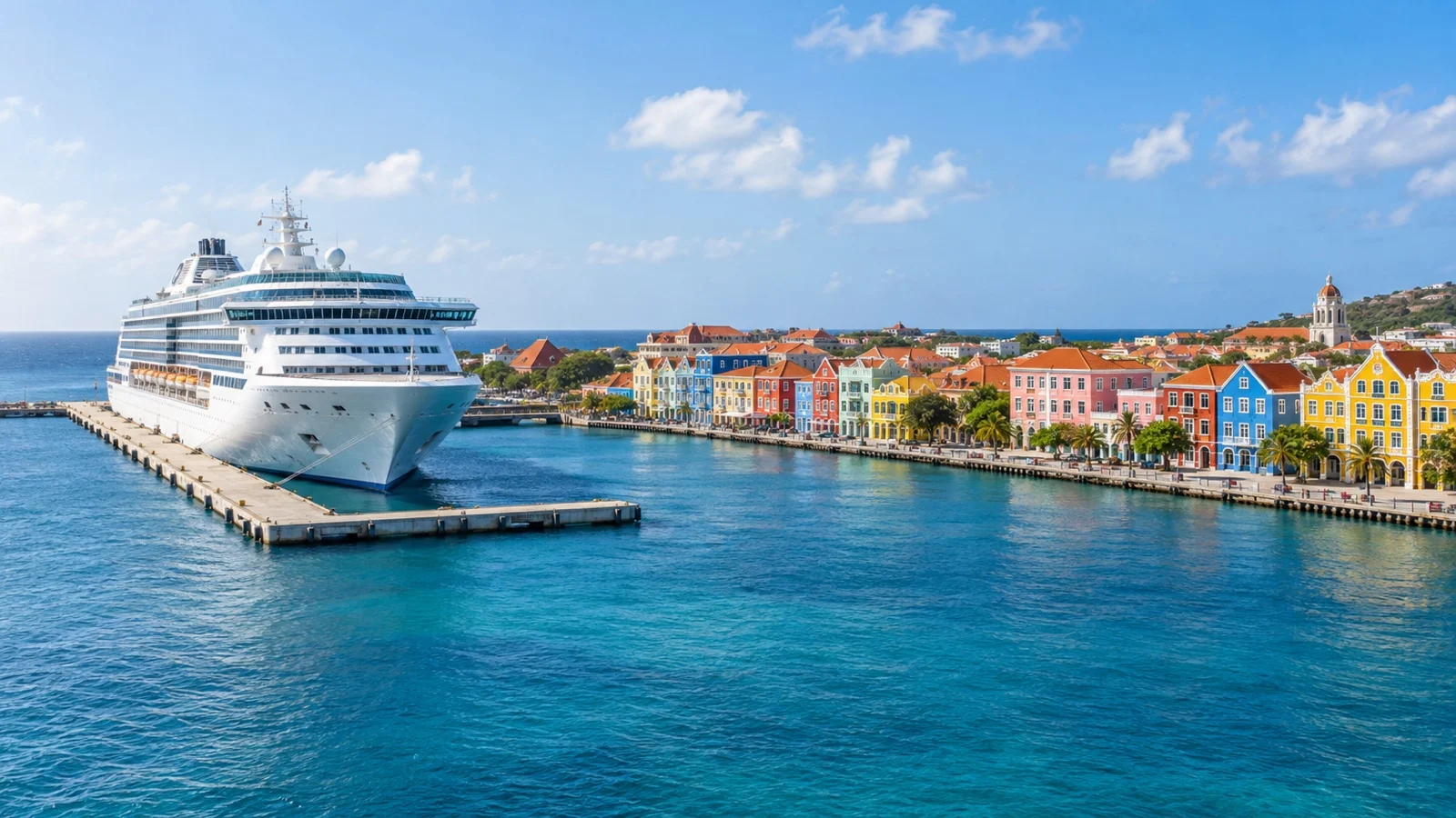 Willemstad Mega Pier with a white cruise ship docked beside the colorful Otrobanda waterfront and Caribbean water