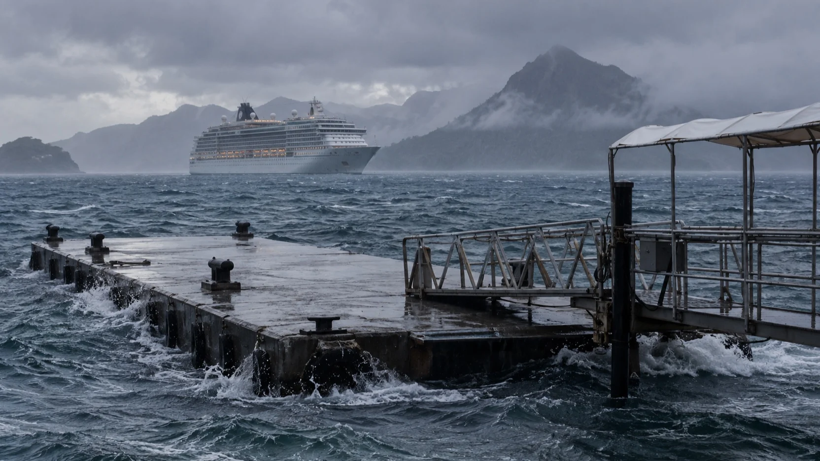 Tender pier in wind and waves with a cruise ship offshore