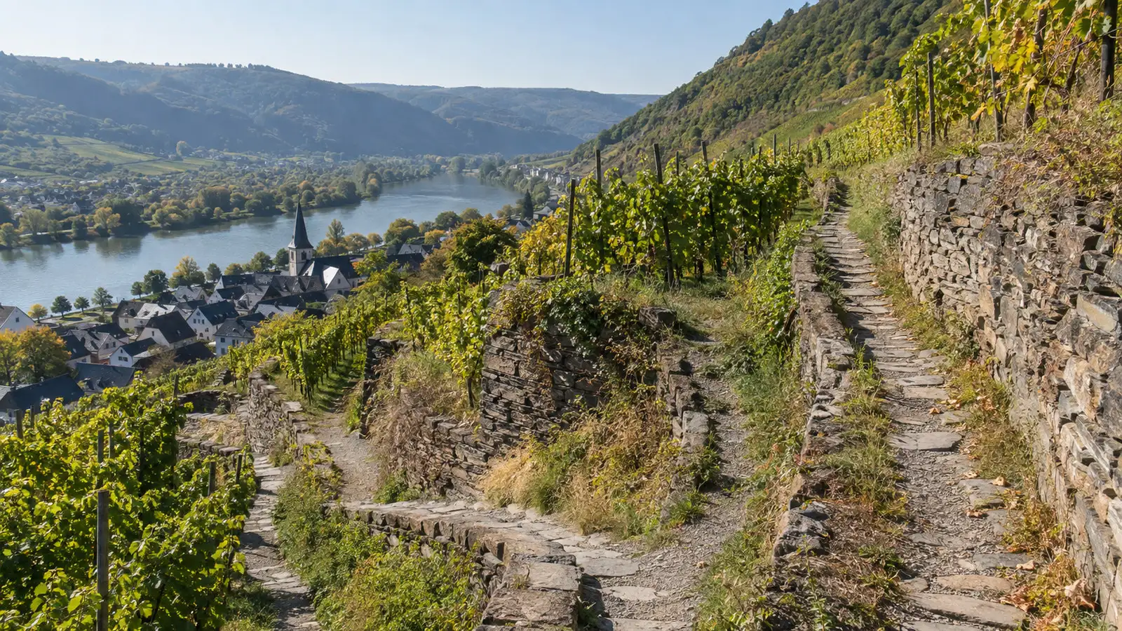 Five distinct footpaths through steep vineyards around Winningen Moselle, one coherent view of path and stone terraces, no text