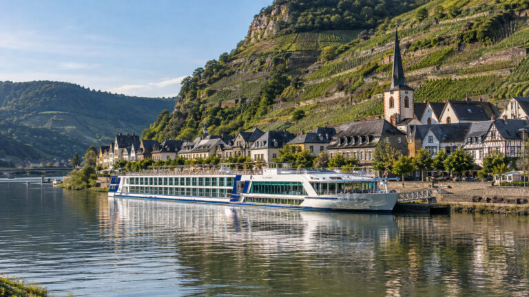River cruise vessel moored at Winningen on Moselle River Germany, steep terraced vineyards and village waterfront