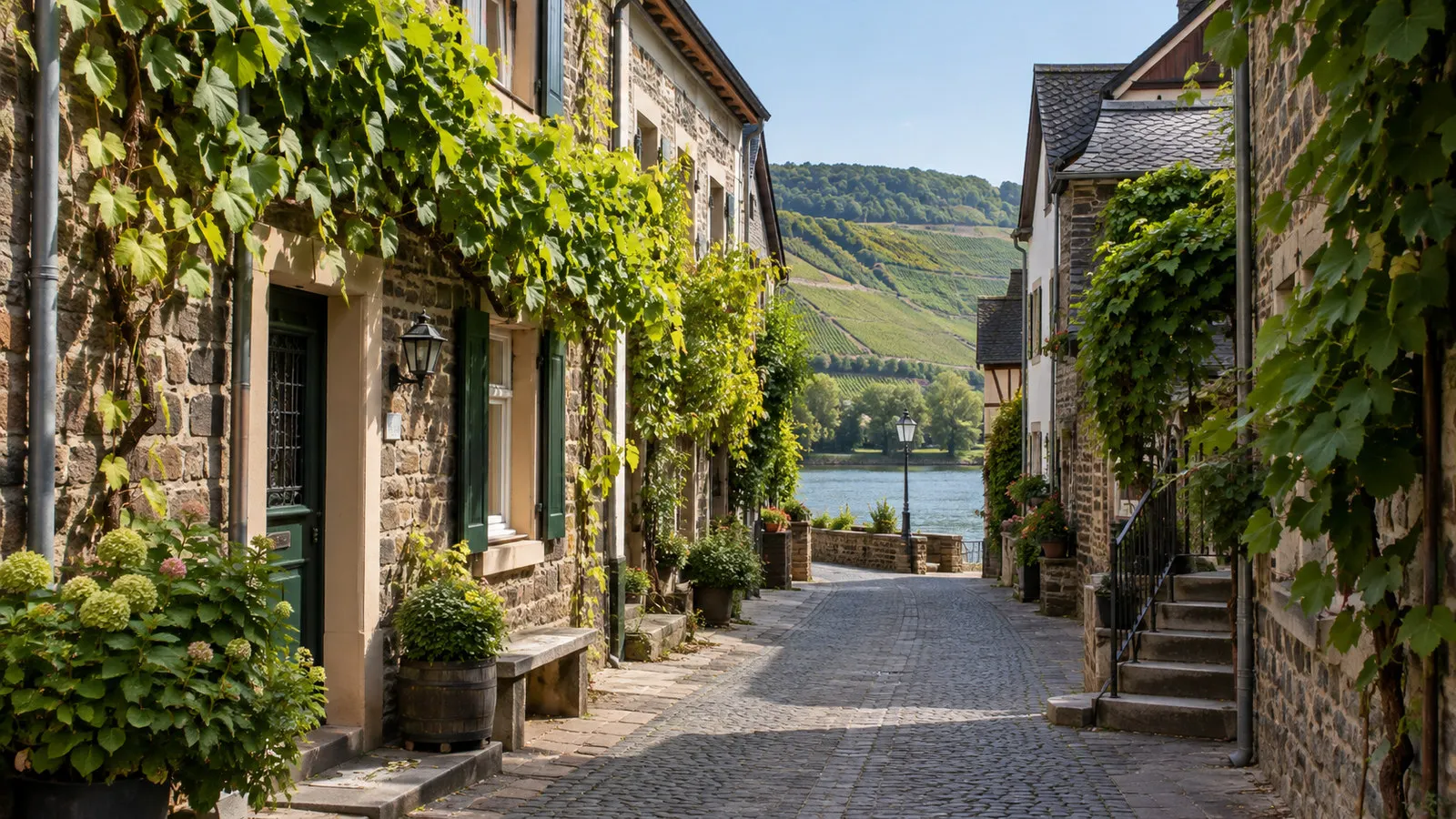 Short path from Winningen riverfront into compact village center with low stone houses and vine-covered facades, no people