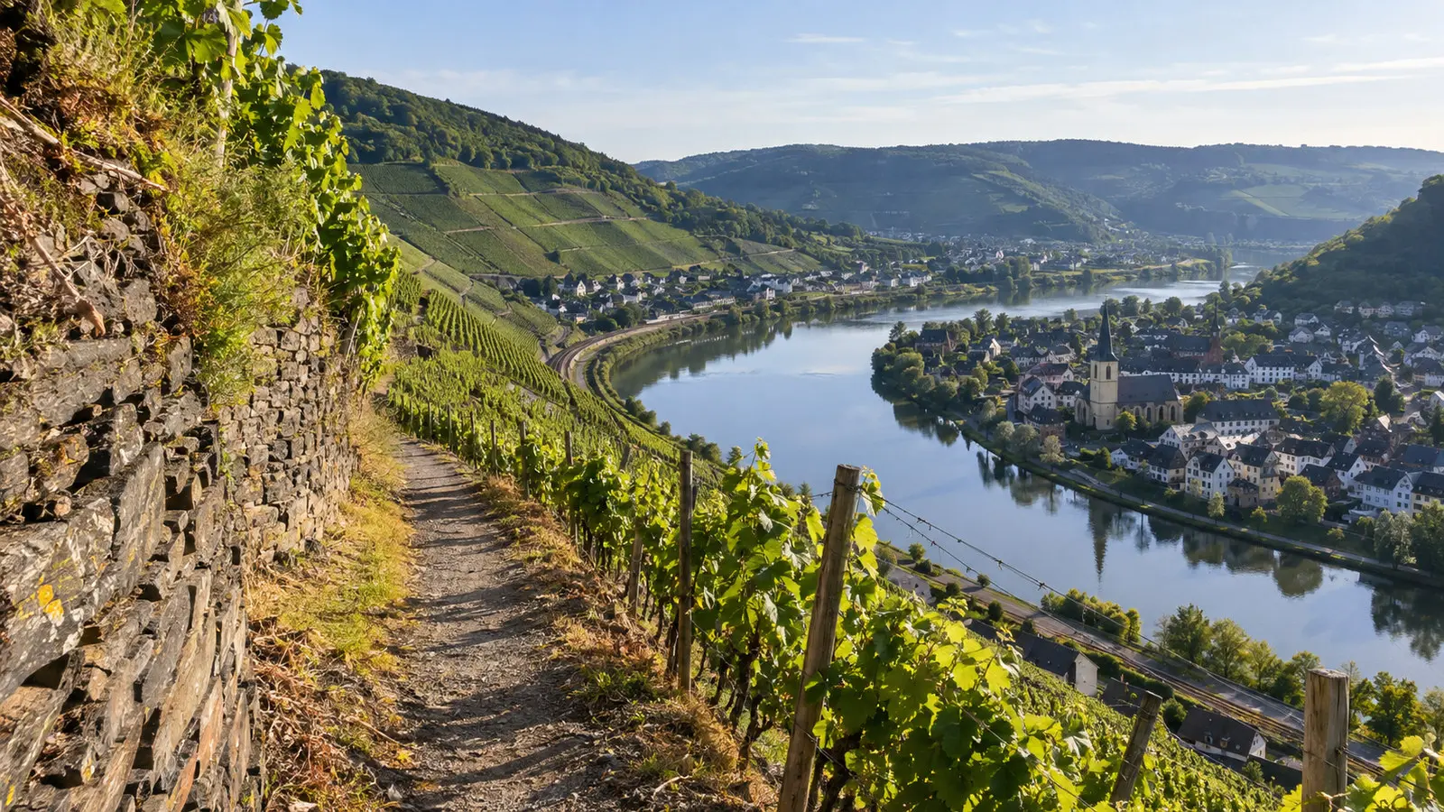 Terraced Moselle vineyard hiking path above Winningen with river bend and village panorama, no people