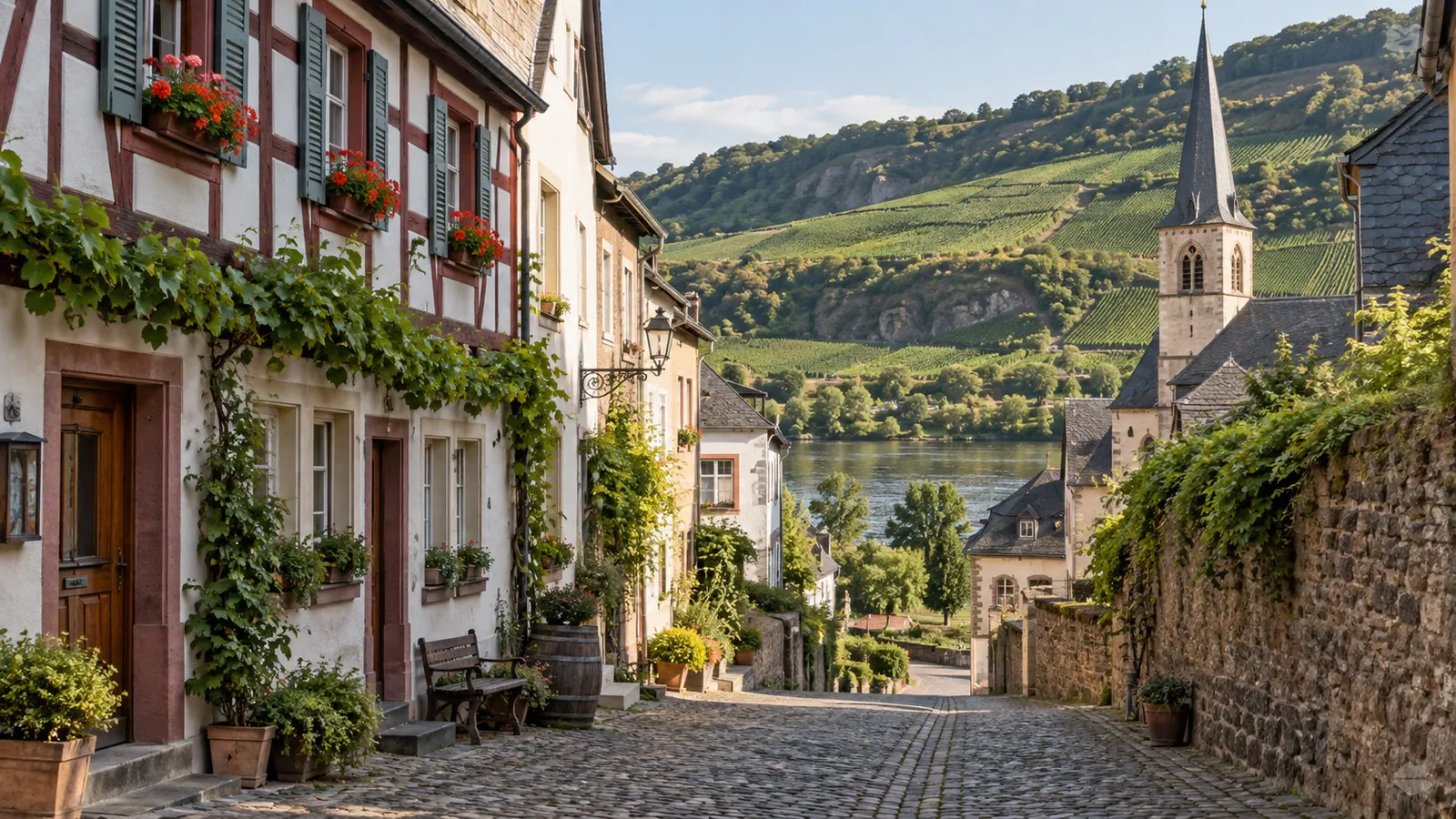 Winningen Moselle wine village with traditional half-timbered buildings, narrow cobbled street and vineyard hillside, empty