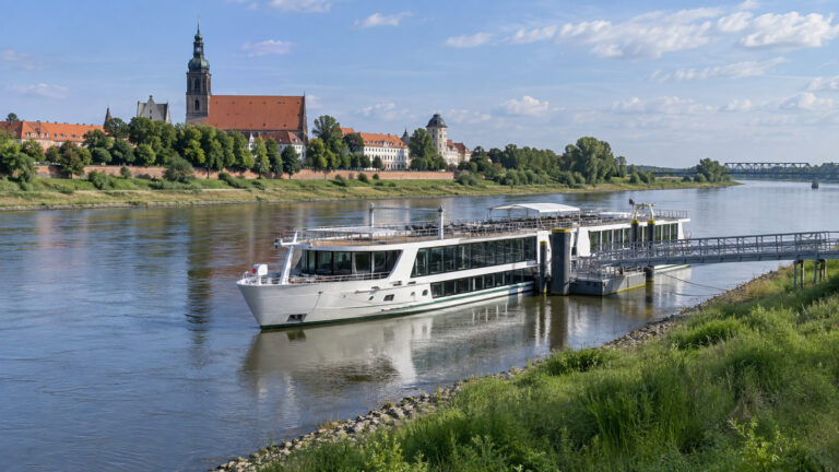 Elbe River cruise vessel at a modest landing near Wittenberg