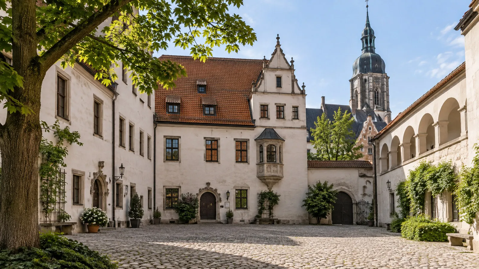 Quiet Cranach courtyard with historic buildings in Wittenberg