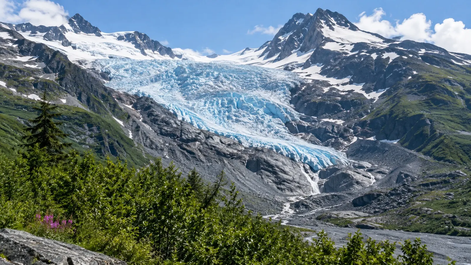 Worthington Glacier descending through rugged mountains near Valdez