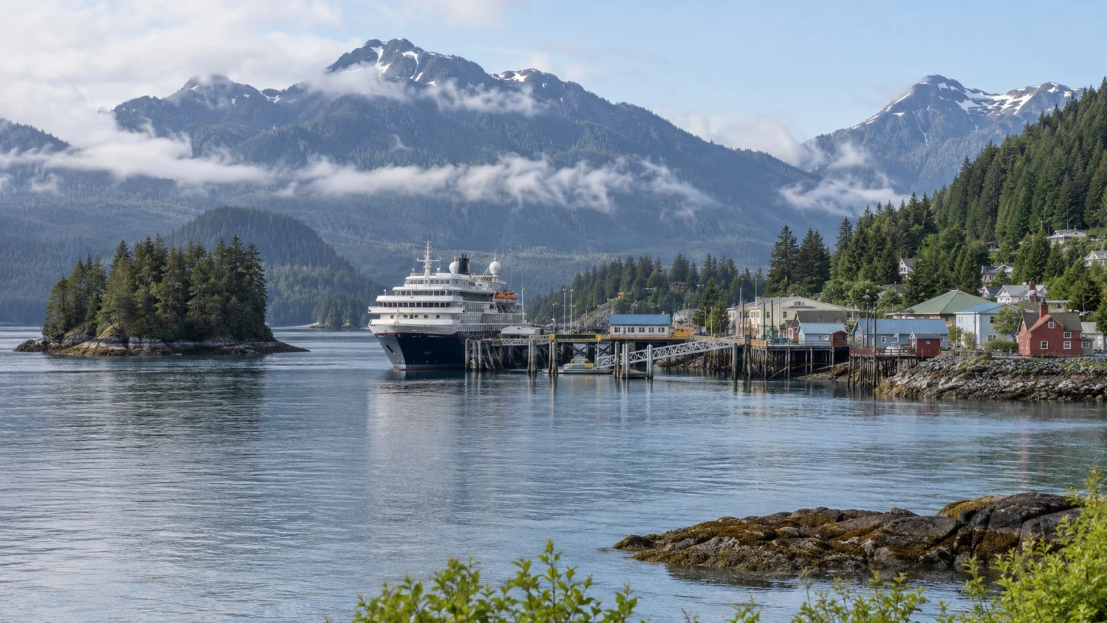 Cruise ship at the Wrangell Alaska dock beside forested islands
