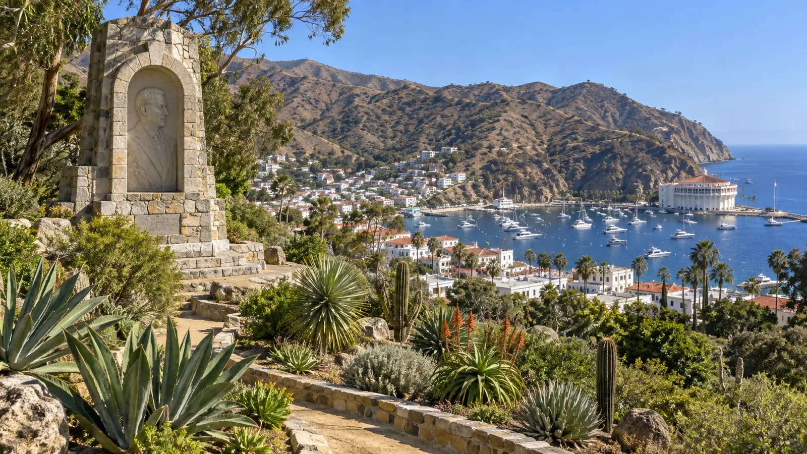 Stone Wrigley Memorial amid Catalina Island botanic gardens