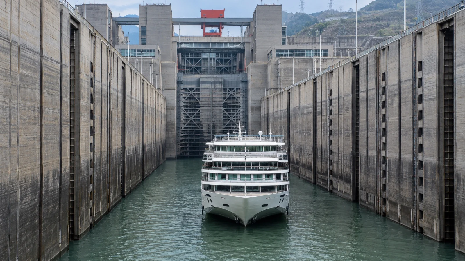 Cruise ship approaching Three Gorges Dam locks