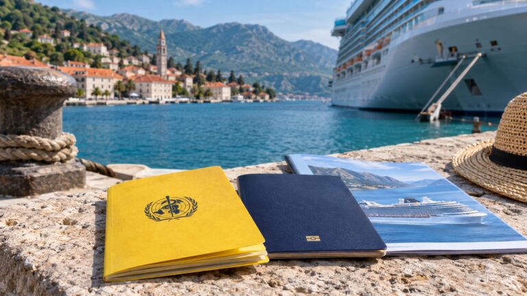 Yellow vaccination certificate booklet beside passport and cruise itinerary at port
