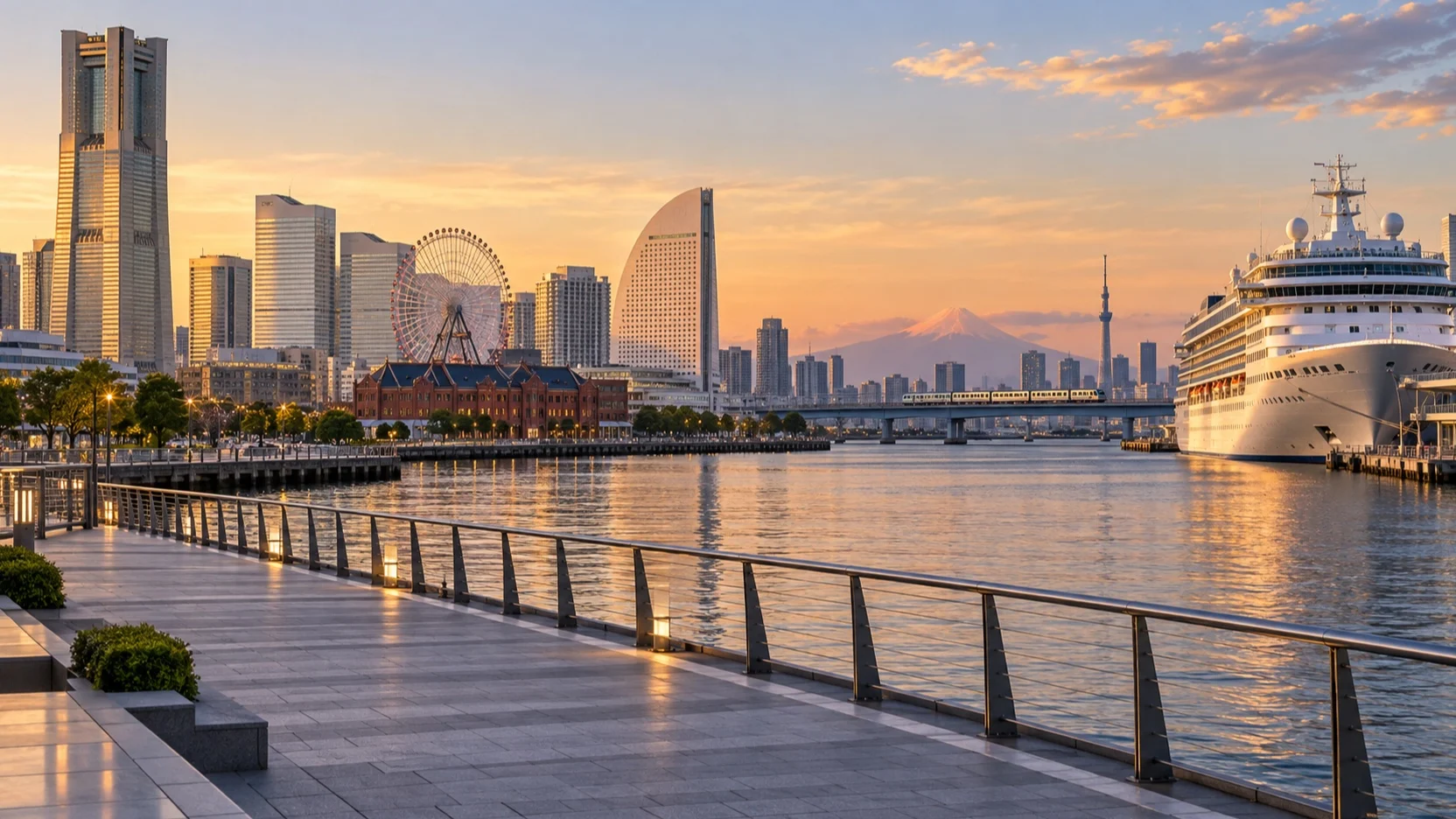 Empty Yokohama waterfront promenade beside Minato Mirai and a cruise ship