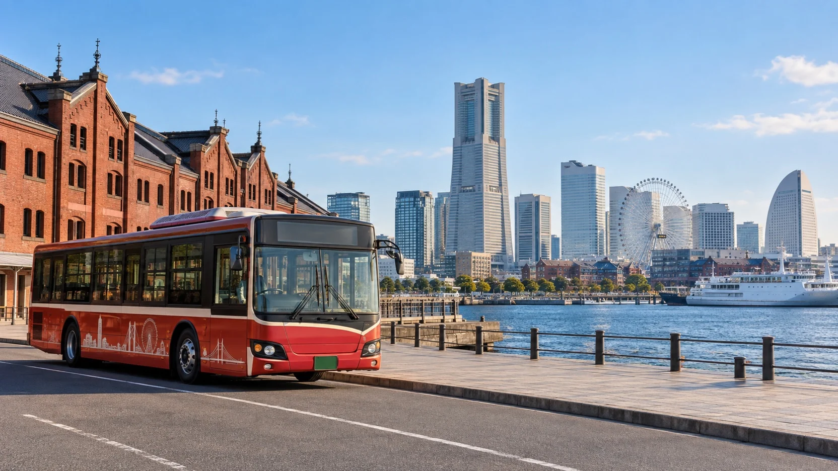 Sightseeing bus beside Yokohama’s Red Brick Warehouse and harbor