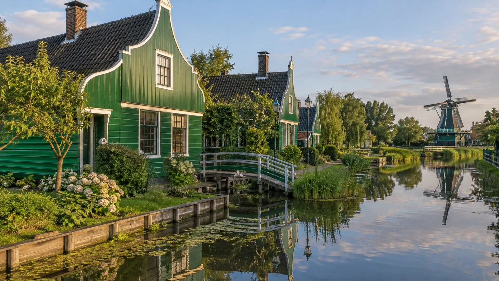 Green wooden houses beside a canal at Zaanse Schans