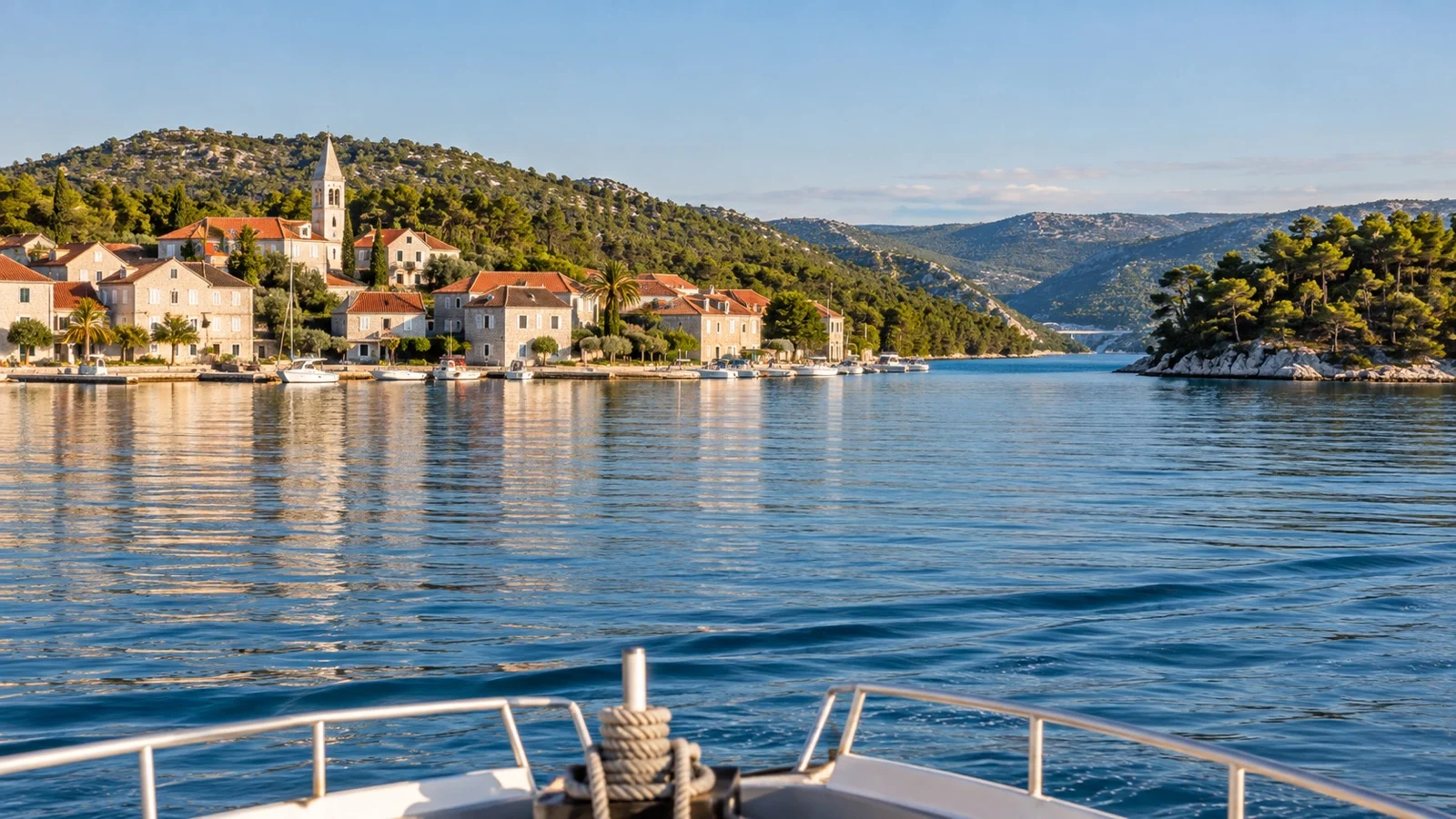 Tender boat approaching Zablaće shore near Šibenik