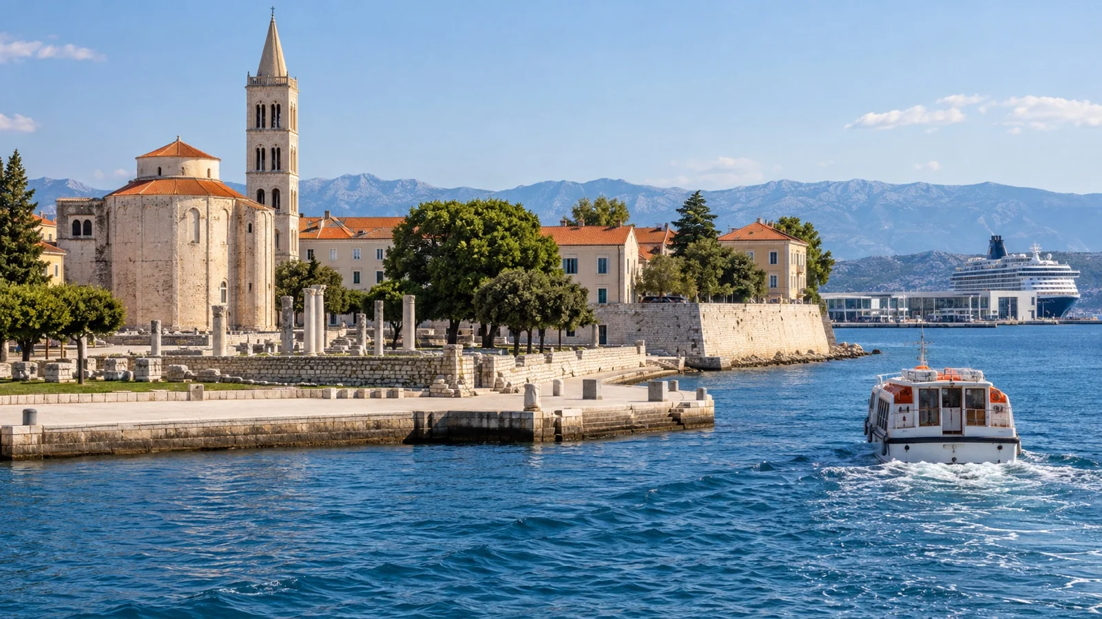 Tender boat approaching the Zadar peninsula waterfront