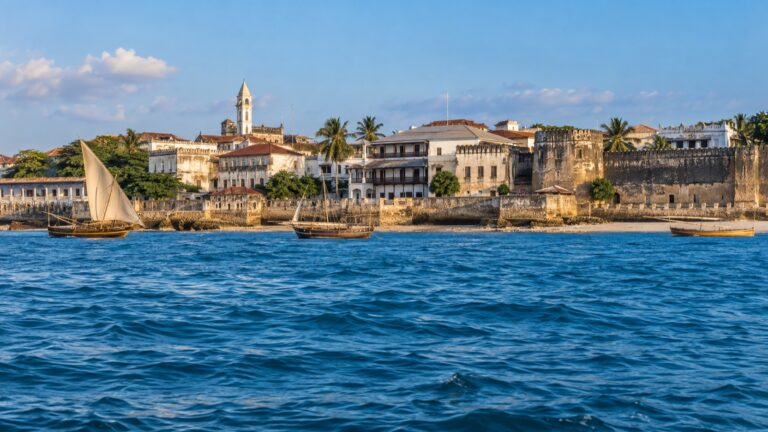 Stone Town waterfront and dhow boats in Zanzibar