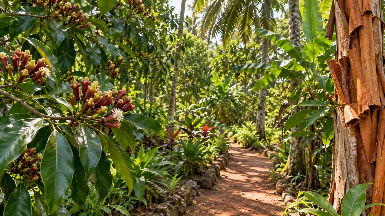 Clove and cinnamon plants at a Zanzibar spice farm