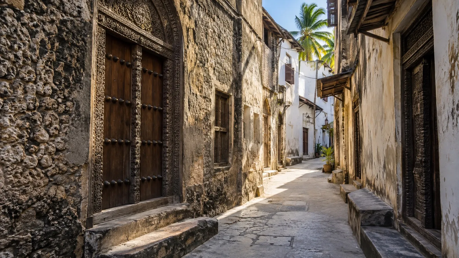 Quiet Stone Town lane with carved wooden doors in Zanzibar