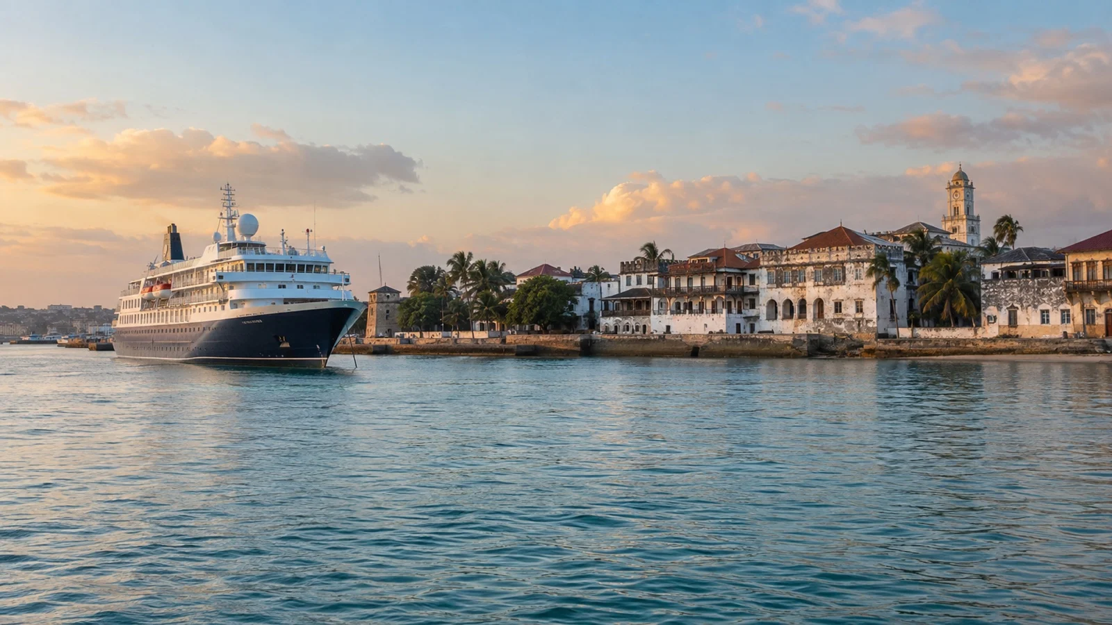 Cruise ship in Zanzibar harbor beside Stone Town