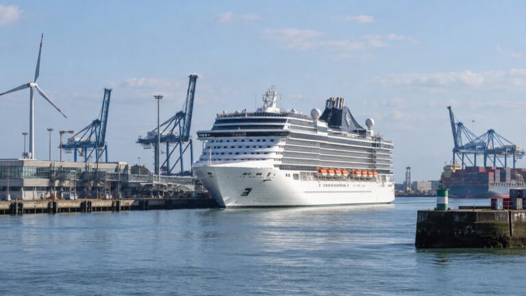 Cruise ship among the quay cranes at Zeebrugge harbor