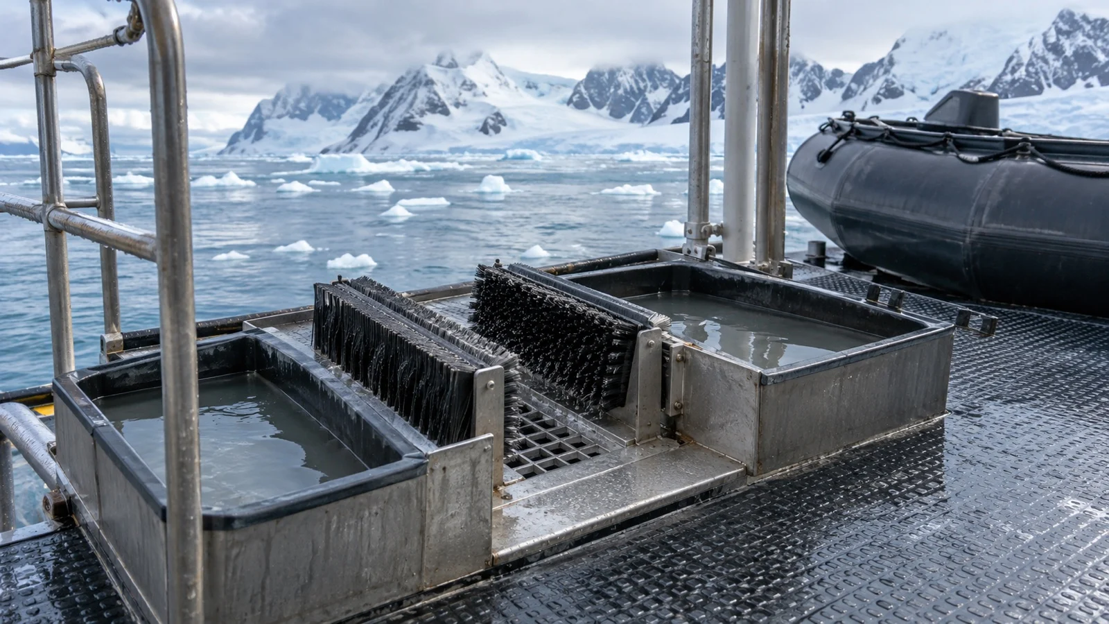 Boot wash station on polar expedition ship