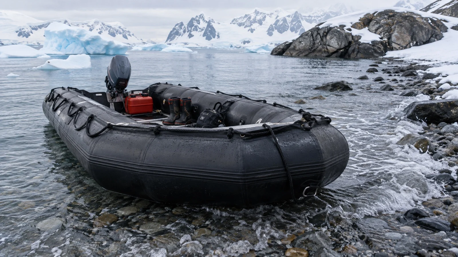 Zodiac at shallow beach for wet landing